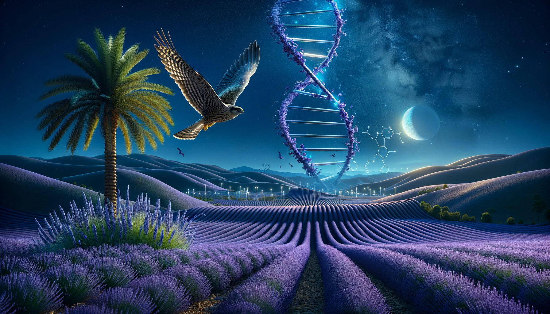 DALL·E 2023-10-25 15.45.23 - Photorealistic depiction of endless lavender fields rolling over hills under a deep night sky. A DNA helix rises from the ground, glistening in the mo